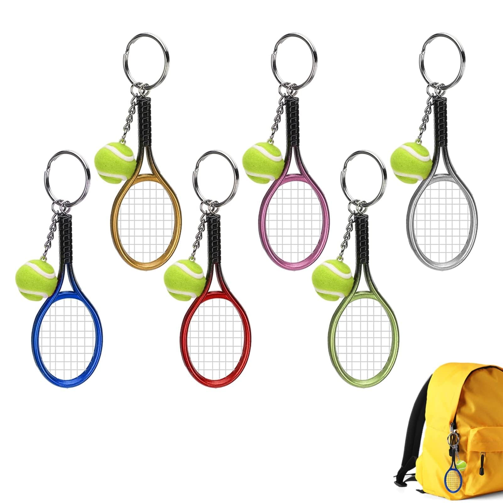 HERCHR Tennis Keychain, 6 Pieces Sports Keychain Tennis Racket with Ball Key Chain Mini Keyring Split Ring