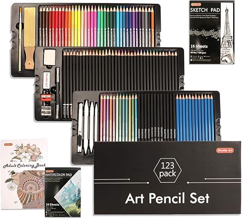 Amazon Shuttle Art 色鉛筆 デッサン鉛筆 123点セット メタリック色 消しゴム 鉛筆削り 大人の塗り絵 素描 水彩紙 子供用 初心者 アーティスト プレゼント クリスマスギフト 入学お祝い おしゃれ 収納ケース 使用説明書付き 色鉛筆 文房具 オフィス用品