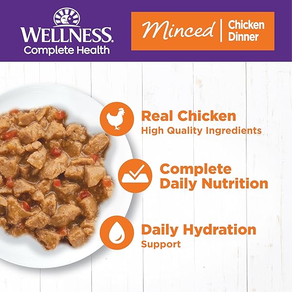 WELLNESS COMPLETE HEALTH MINCED ADULT CANNED WET CAT FOOD, NATURAL, PROTEIN RICH, GRAIN FREE, CHICKEN DINNER RECIPE, 3 OZ, PACK OF 24 CANS