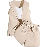 SweatyRocks Girl's Two Piece Outfits Lapel Collar Sleeveless Vest Jacket and Belted Wide Leg Shorts Set