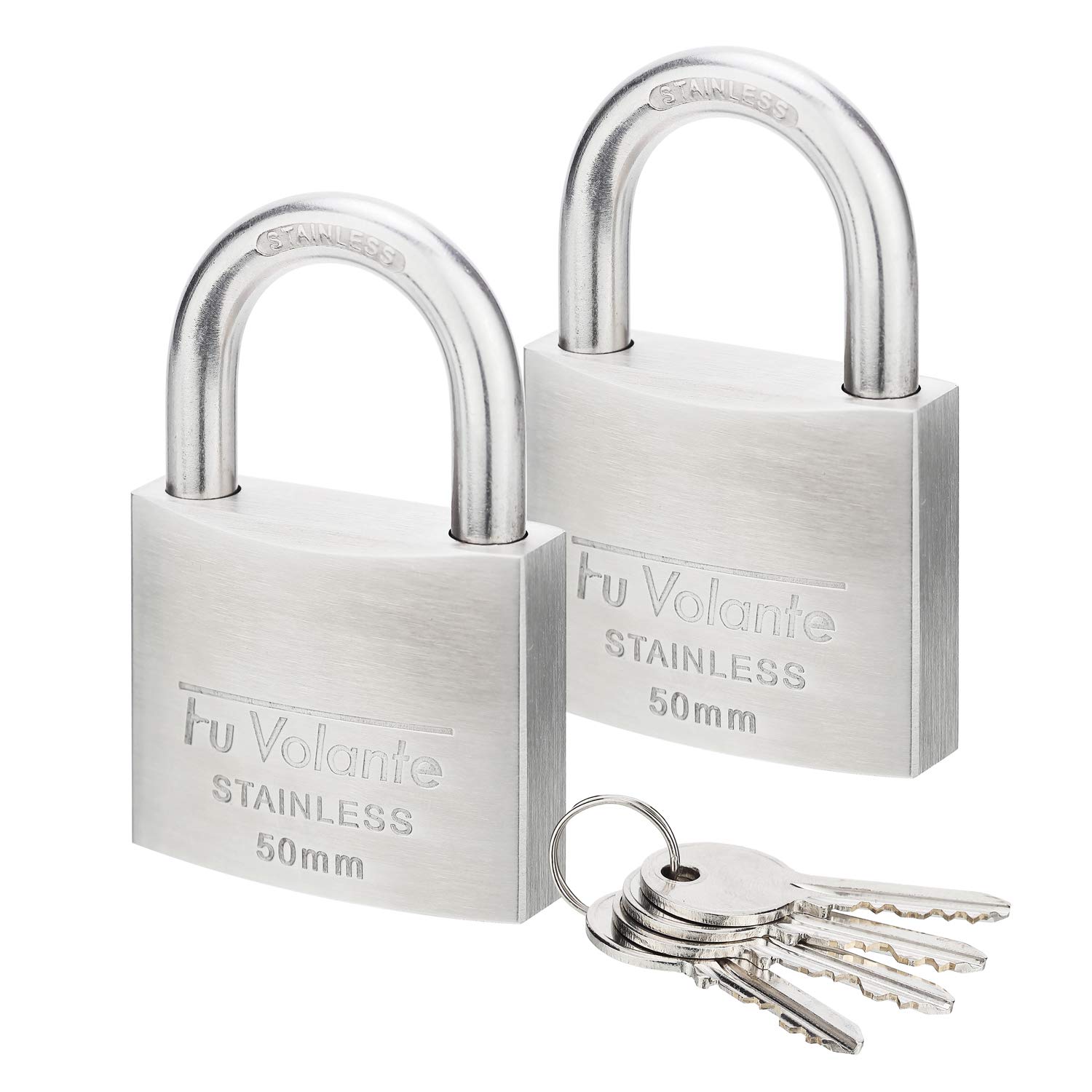 Fu Volante Stainless Steel Pin Tumbler Padlock, 304 Marine Series, Weatherproof Padlock for Outdoor use, 2 inch Wide Body, Keyed Alike Locks- Stainless Steel Body & Shackle-2 Pack
