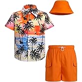IBTOM CASTLE Boys Hawaiian Button Down Shirts and Short Sets with Bucket Hat Kids Summer Vacation Outfits Tropical Shirt