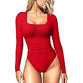 OQQ Women's Bodysuits Ruched Long Sleeve Square Neck Lounge Stretch Travel Bodysuits