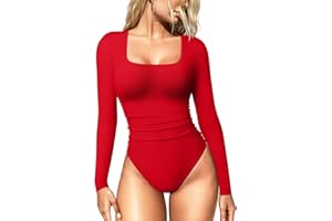 OQQ Women's Bodysuits Ruched Long Sleeve Square Neck Lounge Stretch Travel Bodysuits