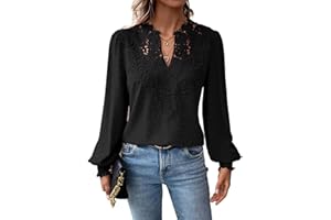 Falechay Chemisier bohème à manches longues pour femme avec col en V et mousseline de soie à pois suisses