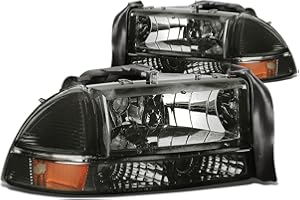 DNA MOTORING Pair Headlights Compatible with 97-04 Dodge Dakota / 98-03 Durango, Driver & Passenger Side, Smoke/Amber, HL-OH-DD974P-SM-AM