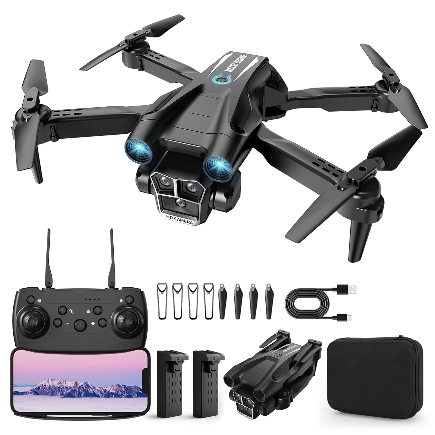 Photo 1 of Drone with Camera 1080P HD, Mini Drone for Beginners Kids Adults, RC Quadcopter with 2 Batteries, Carrying Case, Stable Hover, Trajectory Flight, Gravity Control, One Key Take Off/Land, Black