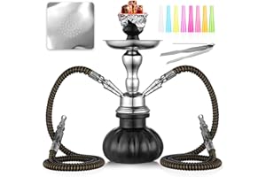 HOOWA 2 Hose Hookah Set 11'' Small Shisha Hookah Set With Mini Pumpkin Glass Vase, Ceramic Bowl, Leather Hose, Coal Tong, Hookah Foil, Disposable Tips (Black)