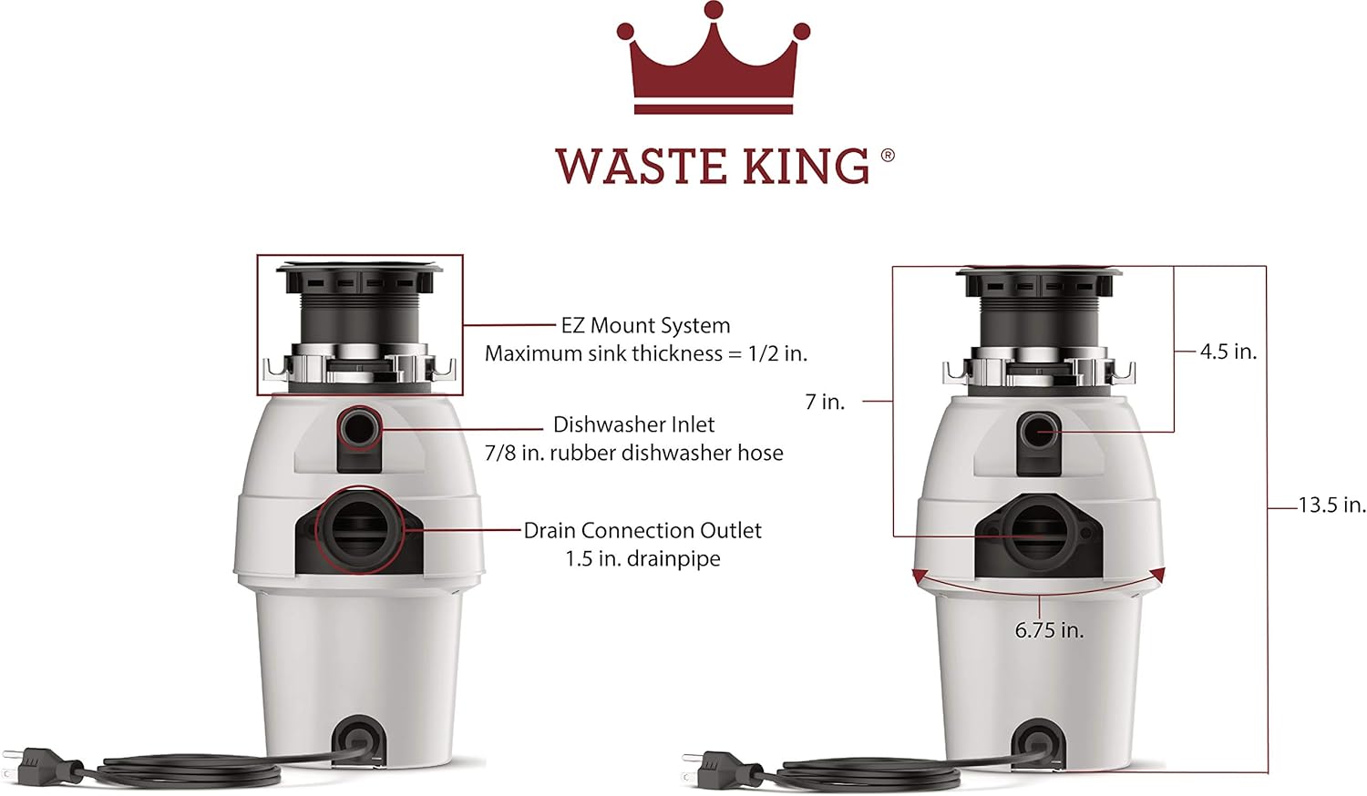 Waste King Legend Series 1/2 HP Continuous Feed Garbage Disposal with Power Cord - (L-2600) - Food Waste Disposers - 