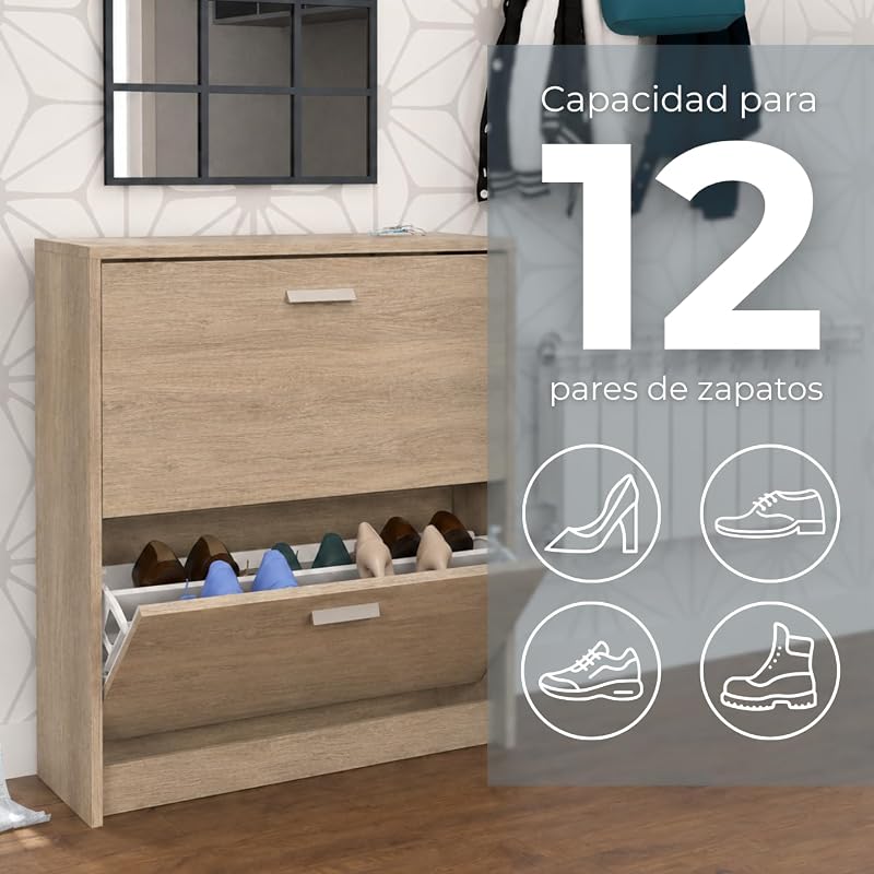 | Zapatero Recibidor Mueble Auxiliar Estrecho 2 Puertas para Entrada Roble Cambrian, 12 Pares de Zapatos, 82x74x25cm, Colección Tibet — foto 7 de 8