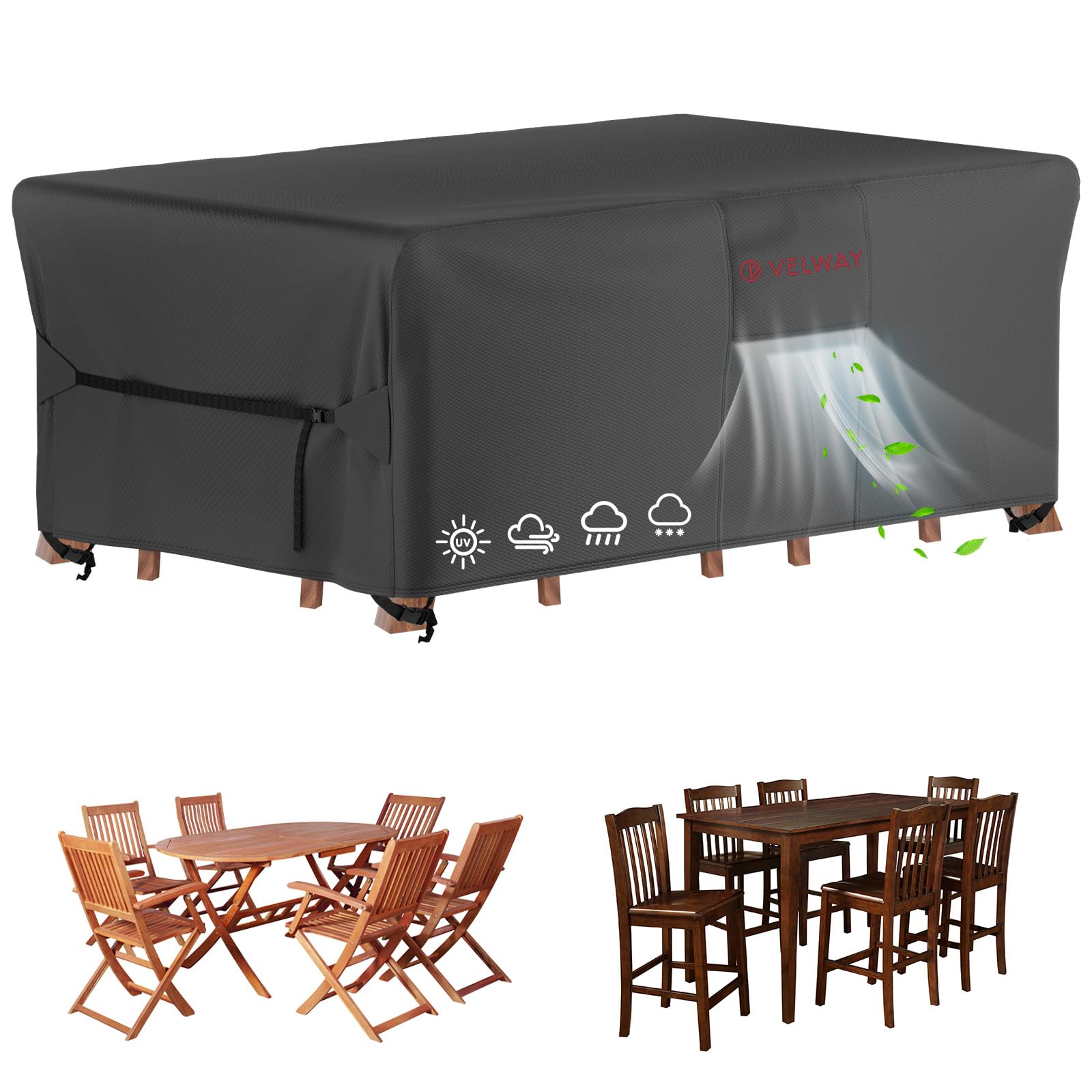 Photo 1 of Velway Patio Furniture Cover Waterproof - Heavy-Duty 500D Upgraded Tear-resistant Outdoor Table Chair Set Cover with Windproof Buckles&Large Air Vent Anti-UV Rectangle Furniture Covers 74"x47"x28"