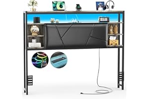 Hyomdeck Full Size Headboard with Charging Station and Smart RGB LED Light, Full Bed Upholstered Head Board with Storage Shelves, Sturdy and Solid Headboards for Bedroom, Guest Room, Dorm, Black Oak