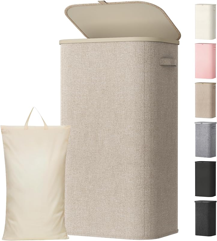 105L Wäschekorb mit Deckel, faltbarer Wäschesammler, Beige