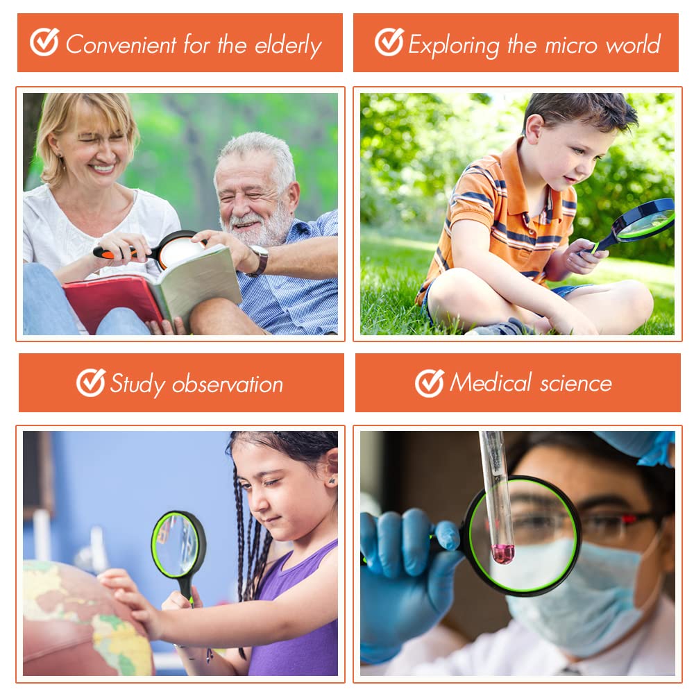 Leffis 3 Pack Magnifying Glass, 10X Non-Slip Handheld Reading Magnifier for Kids and Seniors, 75mm Magnifying Glass Lens for Reading, and Nature Exploration