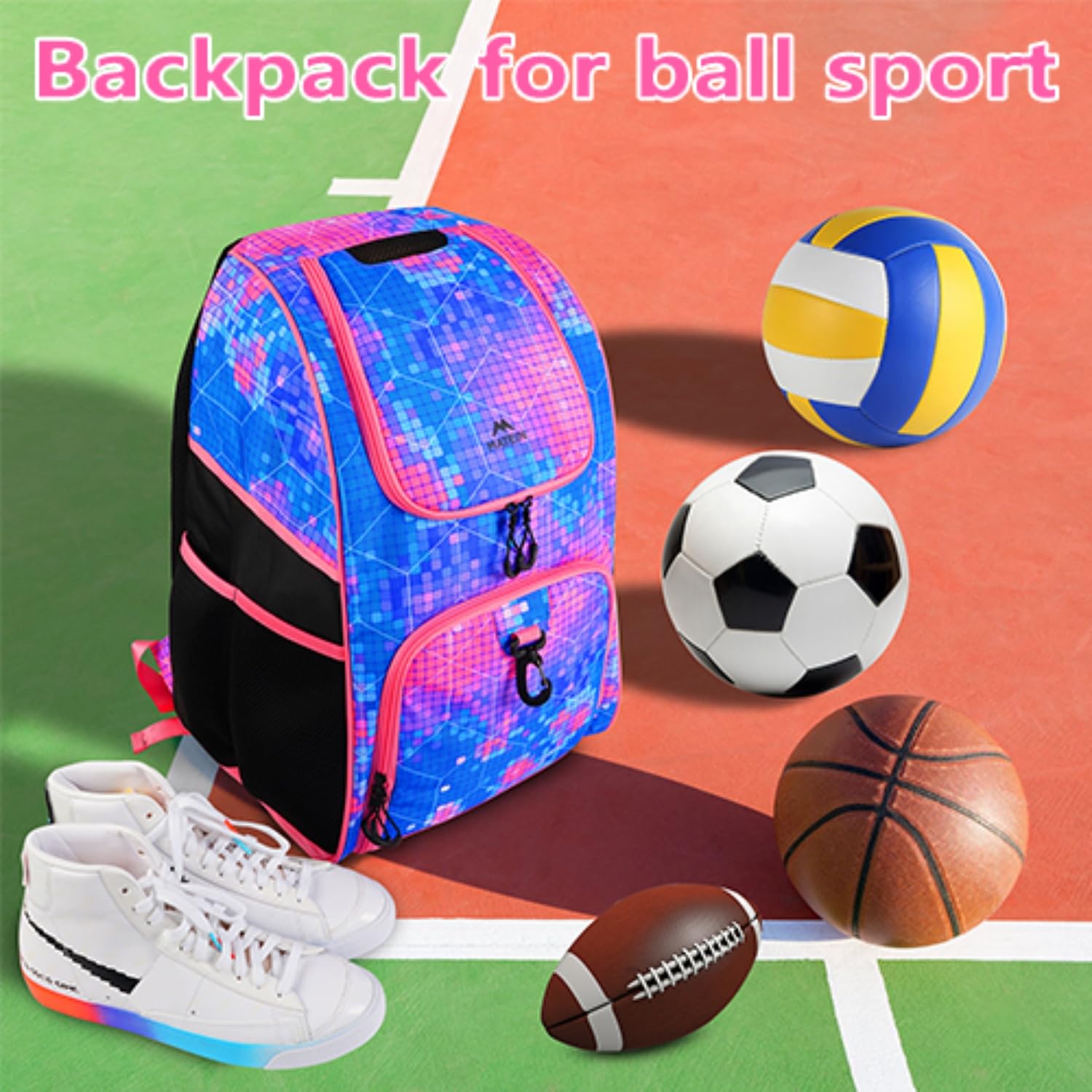 MATEIN Basketball Bag, Sturdy Soccer Bag with Ball Holder & Shoe Compartment, Large Basketball Backpack for Training Equipment, Water Resistant Sports Ball Backpack Fits Volleyball Football, Colorful