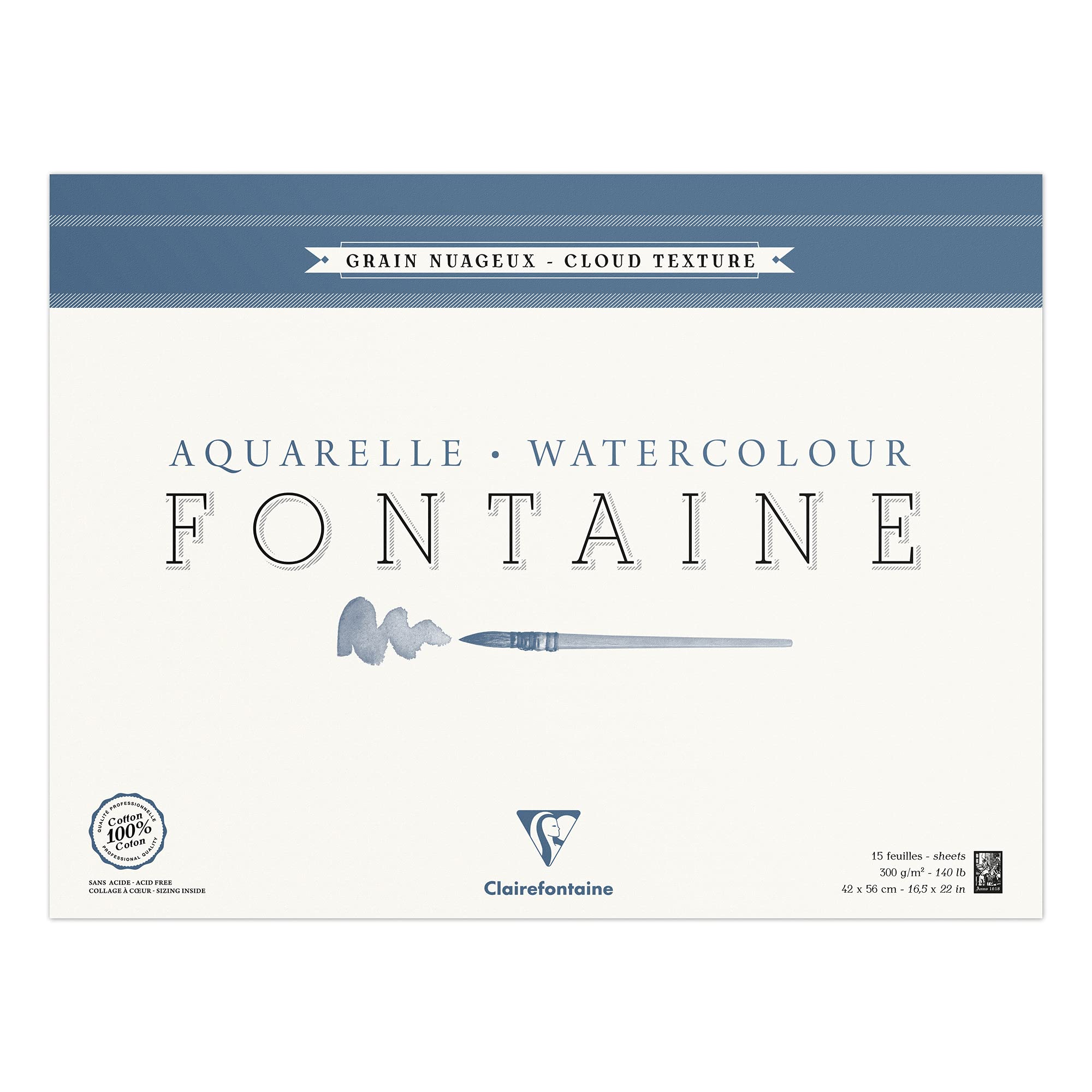 Clairefontaine - Ref 96424C - Fontaine Cloud Texture Watercolour Glued Pad (15 Sheets) - 42 x 56cm Size, 300gsm Paper - Suitable for Watercolour Artwork