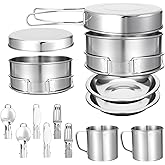 15 Pcs Camping Cookware Set, Stainless Steel Outdoor Camping Cooking Kit with Pot and Pan Cups Plates Forks Knives Spoons Kit for 1-2 Person Camping, Backpacking, Outdoor Cooking and Picnic