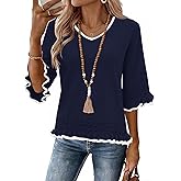 LOMON Women's Sweaters 3/4 Sleeve Business Casual Sweater V Neck Boho Tops Cute Crop Knit Peplum Pullover Spring Outfits