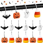 Pinkunn 12 Pcs Halloween Shower Curtain Hooks Classic Pumpkin Ghost | Candy Corn Resin Metal Rings, Festive Bathroom Touch, Durable Hooks, Easy Installation on Standard Shower Curtain Rods
