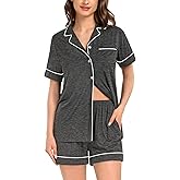 DIKFA Womens 2Pcs Pjs Set Short Sleeve Pajamas Classic Sleepwear Loungewear Button-Down Pjs with Shorts S-XXL