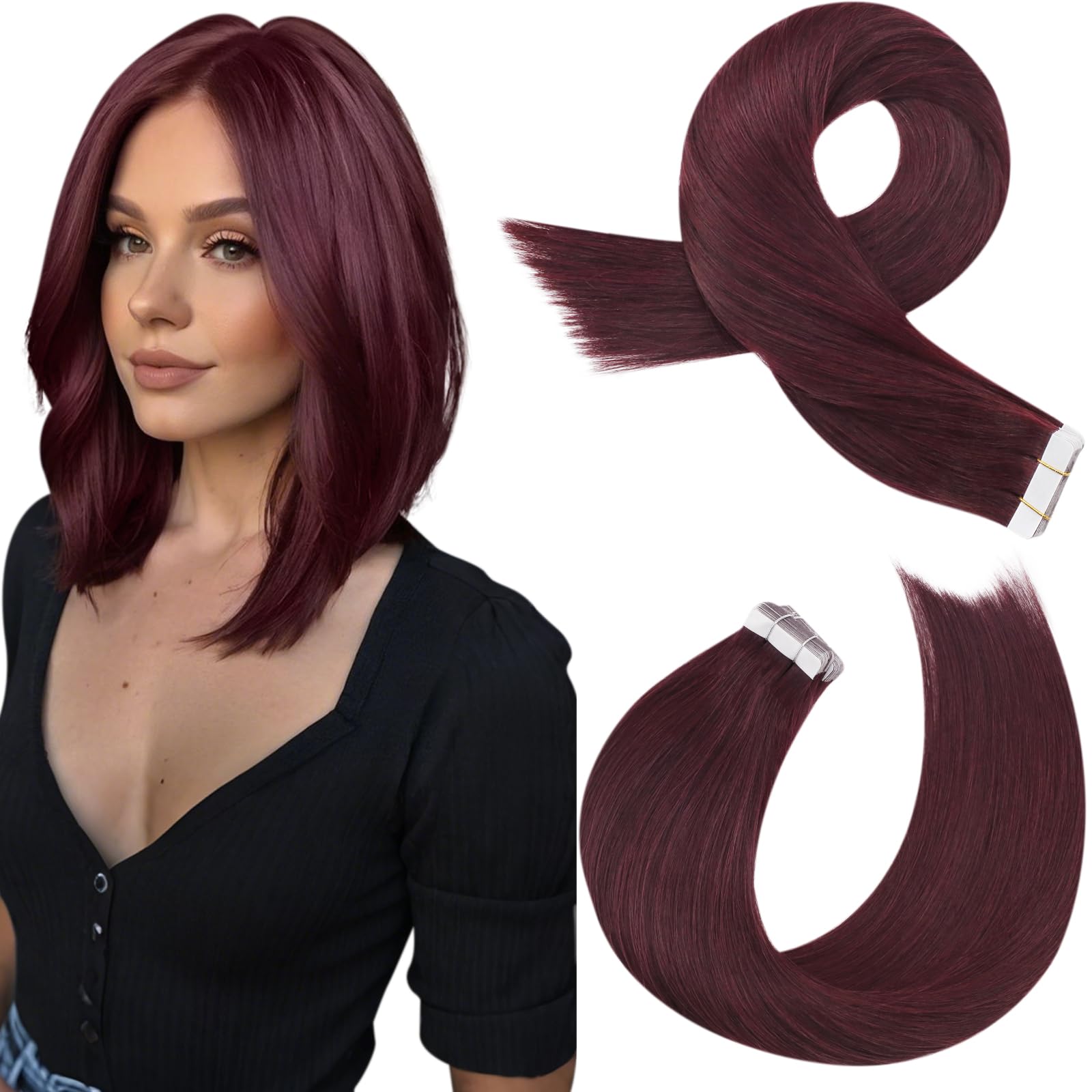 Moresoo Tape in Hair Extensions Real Human Hair Burgundy Red Human Hair Extensions Tape in Wine Red Remy Invisible Shoulder-length Short Hair 12 Inch 20 Pieces/30g #99J — image 1