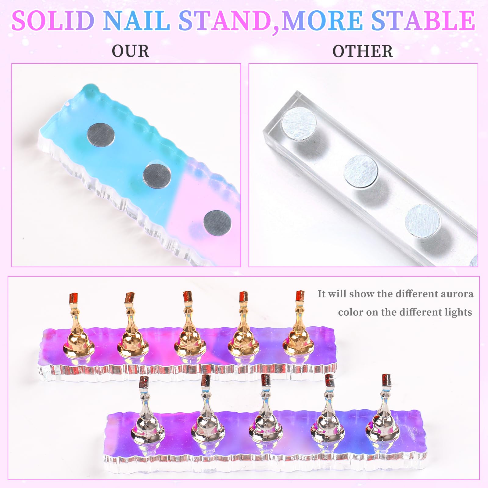 ANGNYA 2 Set Nail Stand, Aurora Nail Holder for Painting Nail Stand for Press on with 96 Pcs Reusable Sticky Putty Nail Display Stand Nail Hand Practice Magnetic Nail Art Tools for Homes and Salons - Image 5