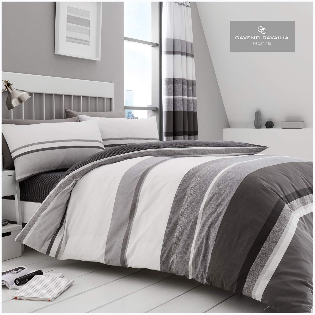 GC GAVENO CAVAILIA Gaveno Cavailia Hudson King Duvet Set Grey Reversible Easy Care Cotton Blend 3 Piece Stripe Bedding | 1 Quilt Cover + 2 Pillow Cases | Button Closure | Machine Washable