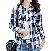 HamLen Women's Plaid Button Down Shirts Cotton Casual Long Sleeve Flannel Shirt Tops with Pocket