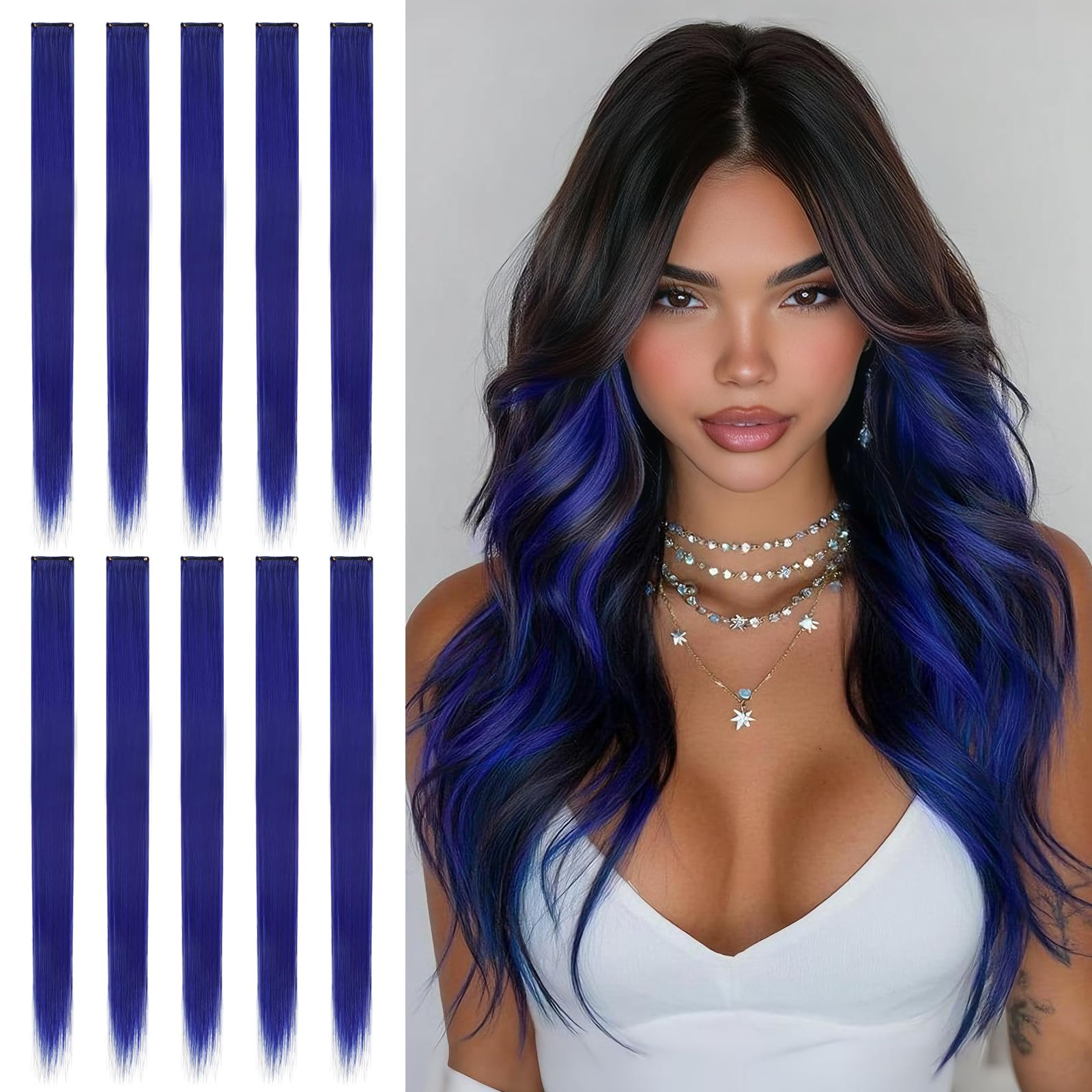 Sofeiyan Colored Hair Extensions Straight Hairpiece 22 Inch 10 Pcs Colorful Clip in Hair Extensions Synthetic Colored Party Highlights for Women, Crystal Blue