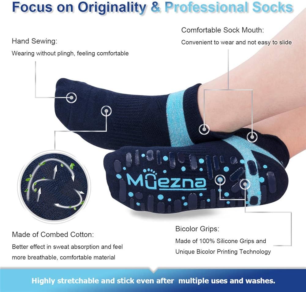 Muezna Non Slip Yoga Socks for Women, Anti-Skid Pilates, Barre, Bikram Fitness Socks with Grips, Size 5-10 (3 Pack: (Black/Navy/Burgundy)+Two-Color Grips) : Clothing