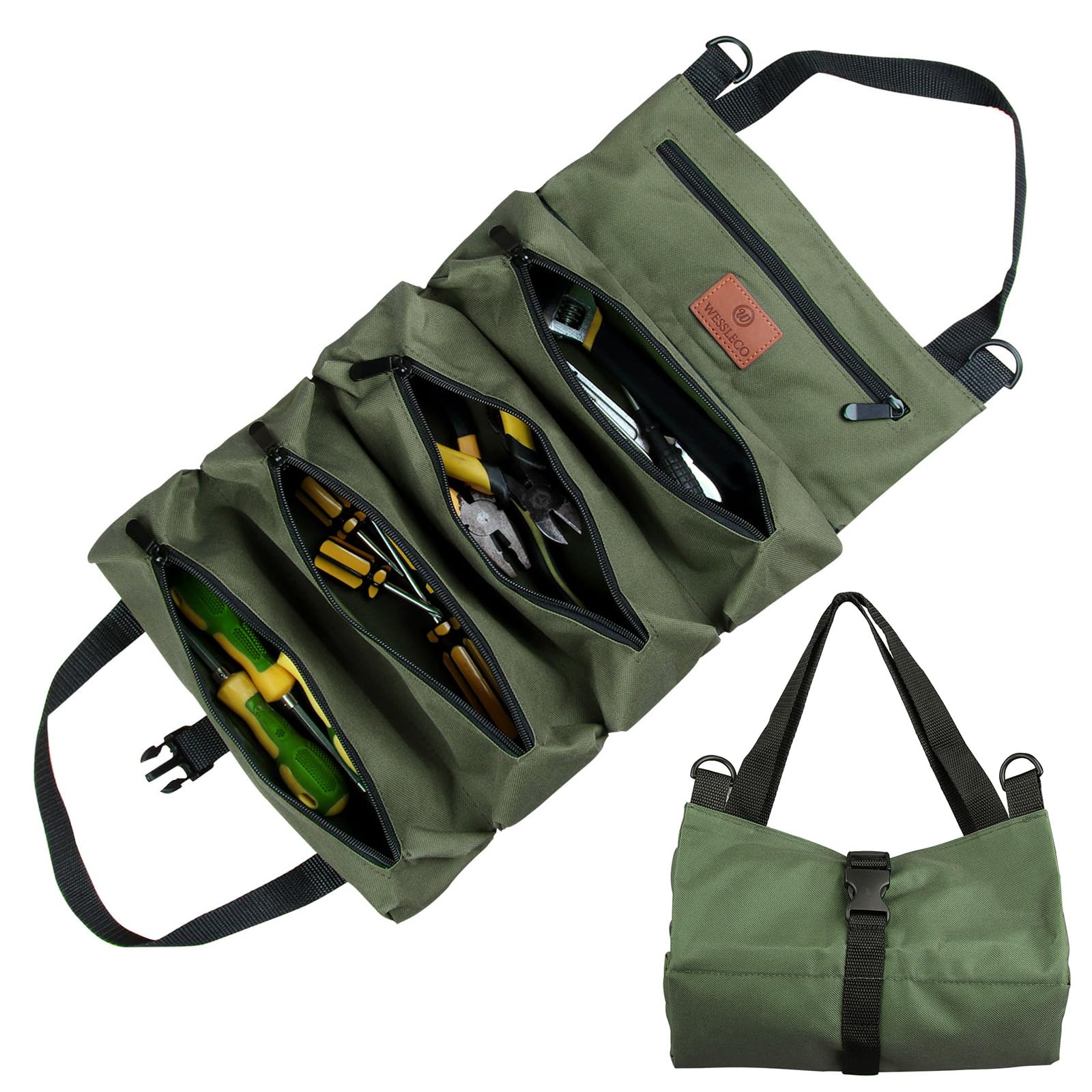 Tool Roll Bag, Canvas Tool Bag, Multi-Purpose Tools Box Organiser with 5 Zip Pockets, Ideal for Plumbers, Craftsmen and Electricians (Army green)