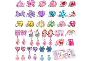 DRABAC Toddler Girl Toys for Ages 5-7 Jewelry,34pcs Girls Toys Age 6-8 Clip on Earrings for Girls age 8-10 Kids Princess Toy Adjustable Ring Girl Toy Age 3 4 5 6-8 Year Old Birthday Christmas Gifts