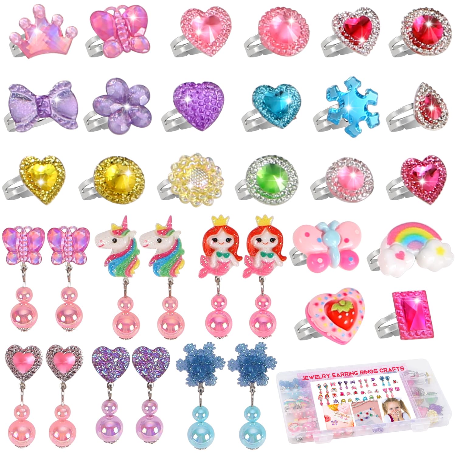 Photo 1 of Toddler Girl Toys for Ages 5-7 Jewelry,34pcs Girls Toys Age 6-8 Clip on Earrings for Girls age 8-10 Kids Princess Toy Adjustable Ring Girl Toy Age 3 4 5 6-8 Year Old Birthday Christmas Gifts