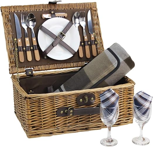 HappyPicnic Wicker Picnic Basket for 2 Persons with Cutlery Service Set