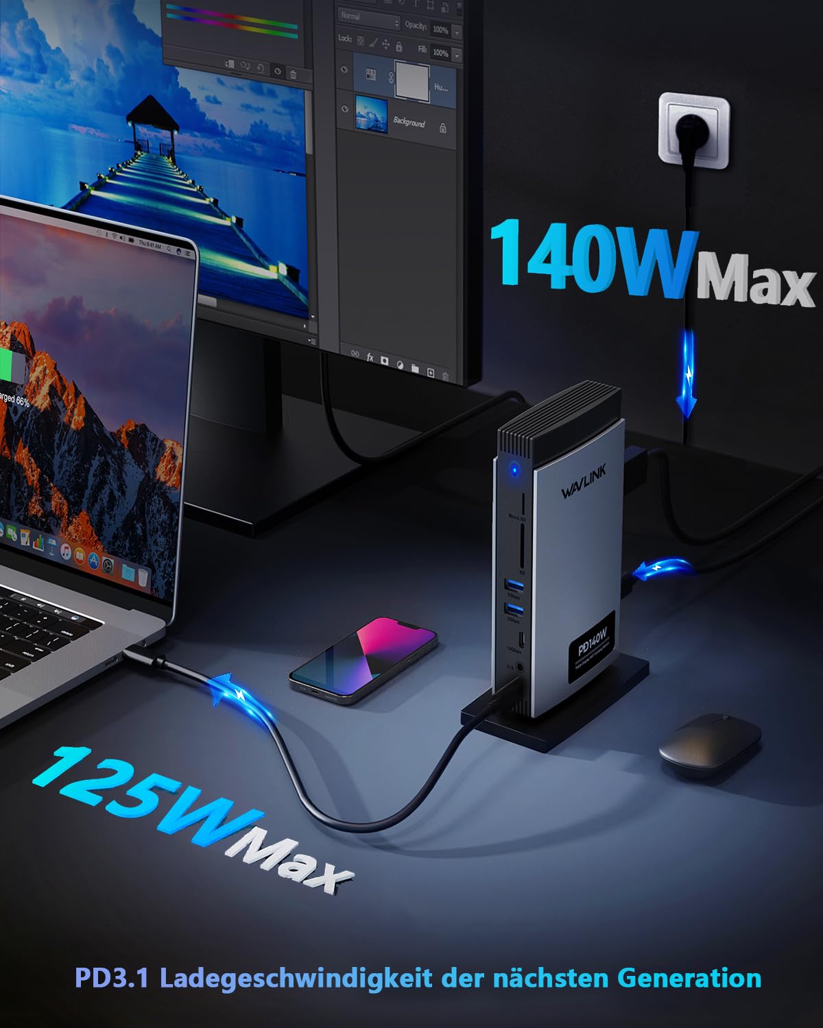 WAVLINK Laptop Docking Station Dreifaches Display (Single 8K@30Hz/4K@144Hz), USB C Dock 125W PD3.1 Pass-Through, 2*HDMI, DP, Ethernet, SD/TF, für Windows 6