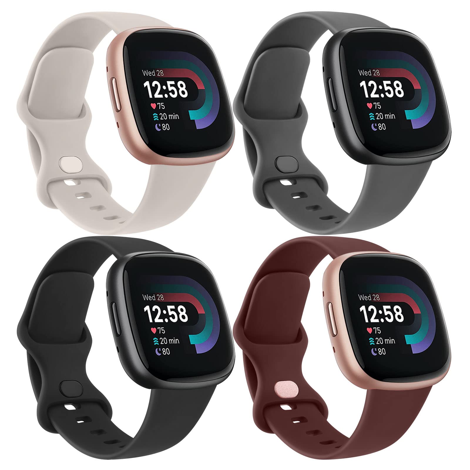 AK 4 Pack Straps for Fitbit Versa 4/3/Sense 2, Soft Sport Watch Replacement Wristbands, Black/Gray/Red/Starlight, L 7''-9'' — image 1