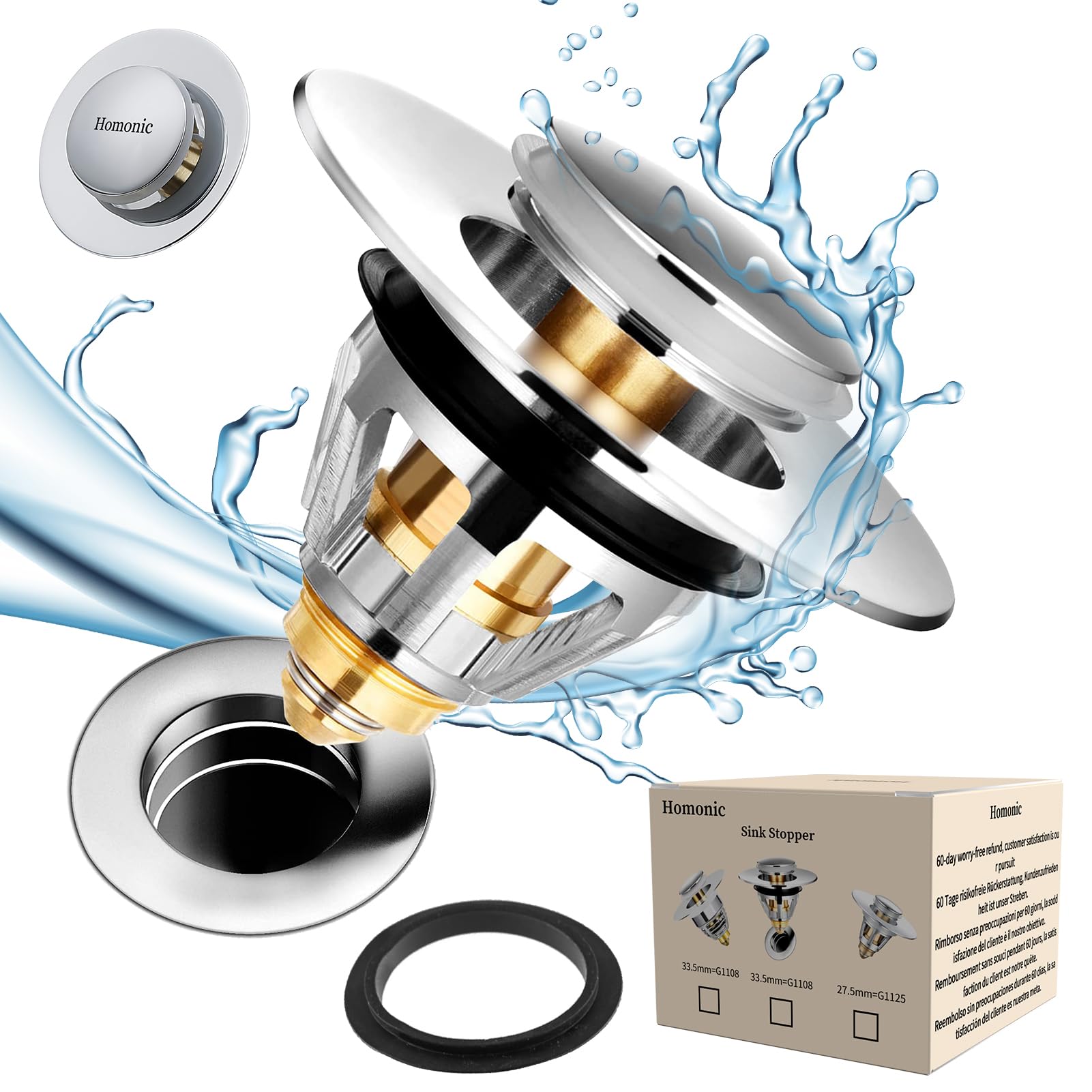 Universal Sink Plug Replacement & Bathroom Sink Drain Stopper, Basin Plug Made of Pure Copper,Drain Plug,Bathroom Sink Stopper Pop Up with Double Seal for Diameter 34~38 mm