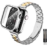 Burloreme Slim Stainless Steel Band Compatible with Apple Watch 38mm 40mm 41mm 42mm 44mm 45mm, Bands with Bling Case Screen Protector for iWatch Series 9/8/7/6/5/4/3/2/1/SE