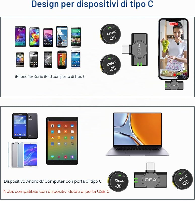 Microfono Lavalier per iPhone15/16 e Android, mini microfono a spina USB-C, senza fili, batteria 40 ore per registrazioni video, interviste, podcast, YouTube, Vlog