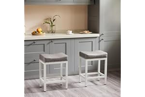 DUMOS Saddle Bar Stools Set of 2, 24 Inch Counter Height Stools with Curved PU Leather Surface, 3.7" Thick Upholstery Bar Height Stools with Footrest for Kitchen Island, Dining, Cafe, Gray