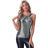 Allegra K Women's Metallic Tank Top Club Sleeveless Twist Knot Sparkly Party Cami Tops