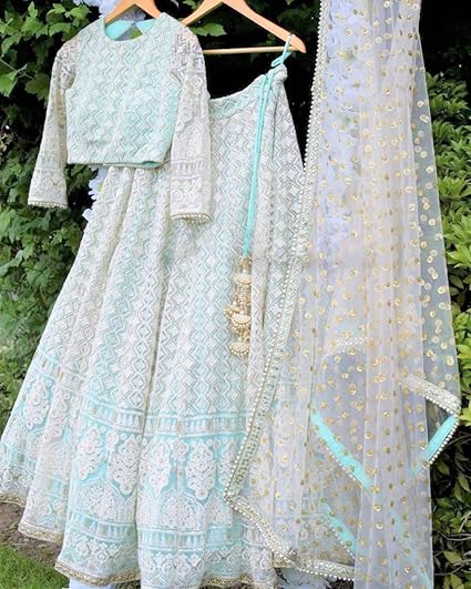 Girls Net Lehenga Choli (YF-157, Sky Blue, 48 W x 30 L)
