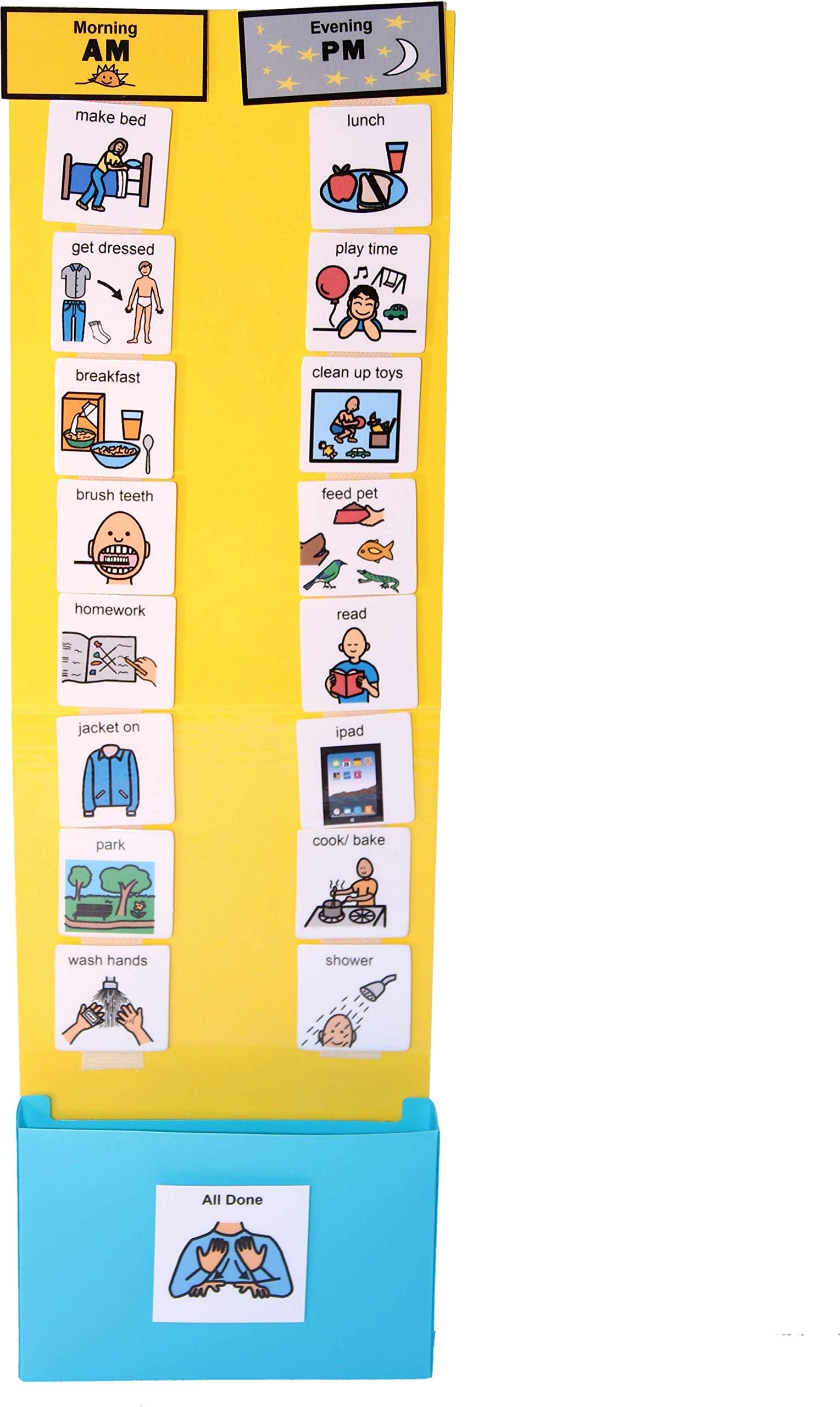 Two Strip Night and Day, First-Then Daily Schedule Great Behavior Visual Tool for Independence and Structure at Home, School, and in The Community. (Yellow/Blue, Home (30 Cards))
