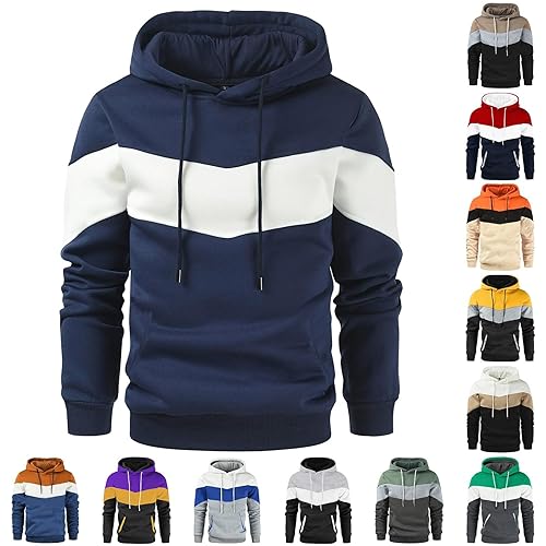 Mens Hoodies Color Block Hooded Sweatshirt Long Sleeve Pullover Tops with Pockets Loose Casual Patchwork Hoodie Plus Size