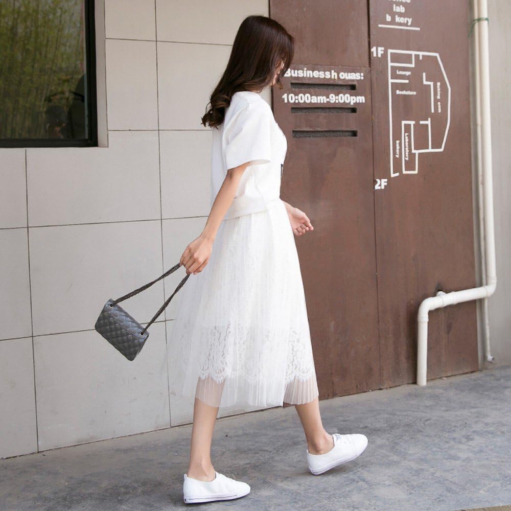 BXW Net Yarn Skirt Long Lace Skirt 2018 Spring Ins Super Fire Chic Pleated Skirt,White,73cm