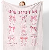 XUNLURY Coquette Pink Bow Christian Throw Blanket for Couch, Christian Gifts for Women Girls, God Says I Am Bible Verse Throw Blanket for Girls Bedroom Living Room Home Decoration, 50x60 Inches