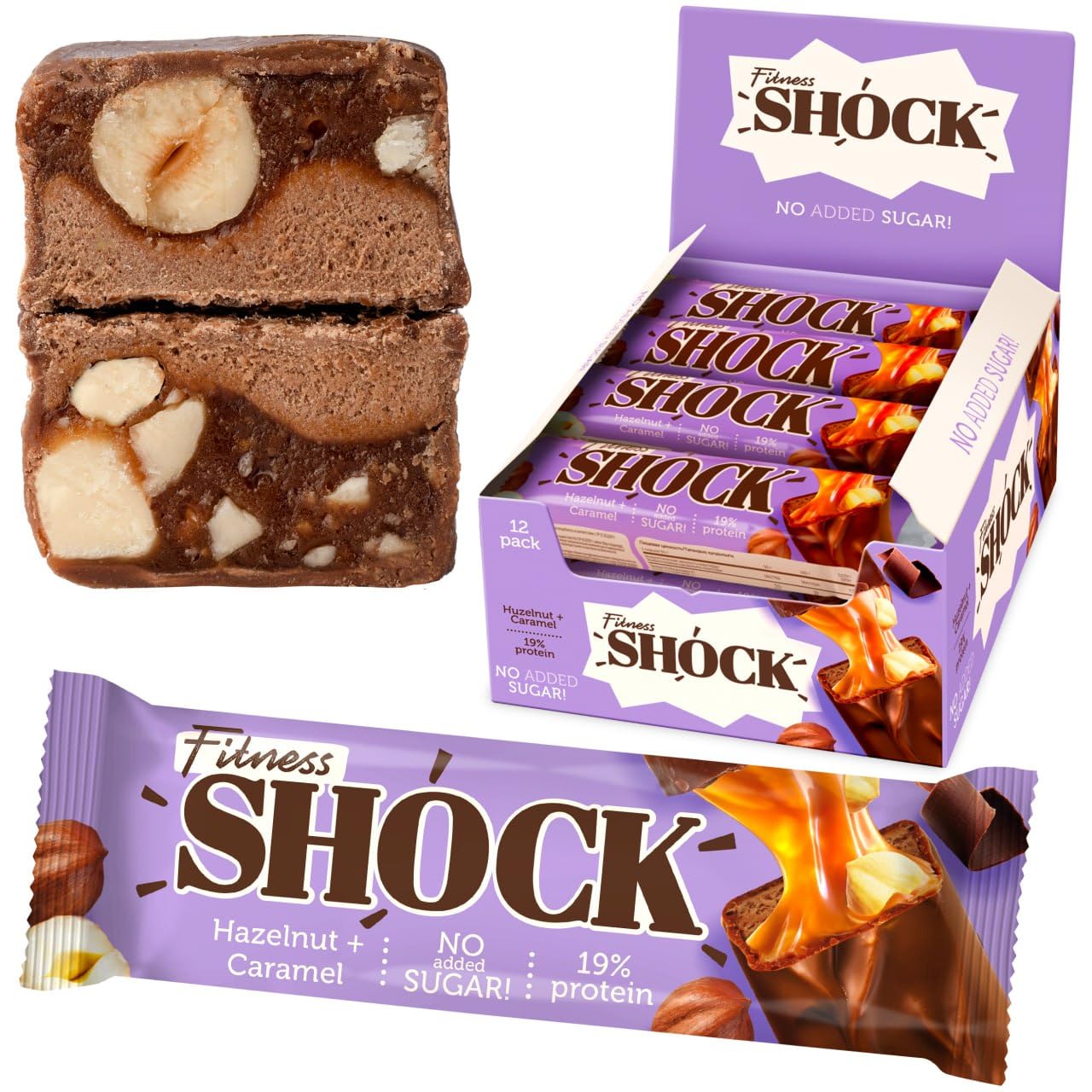 FitnesSHOCK Protein Bars Low Carb, 10g Protein & Fiber Snack – No Sugar Added, Palm Oil & Flour Free | Hazelnut Caramel | 12x50g