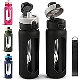 ANOTION 24OZ Glass Water Bottle, Large Sports Water Bottle with Dual-Drink Lid Clear Leakproof Glass Bottles with Straw, Motivational Jug with Silicone Sleeve and Time Marker for Travel Gym-Black