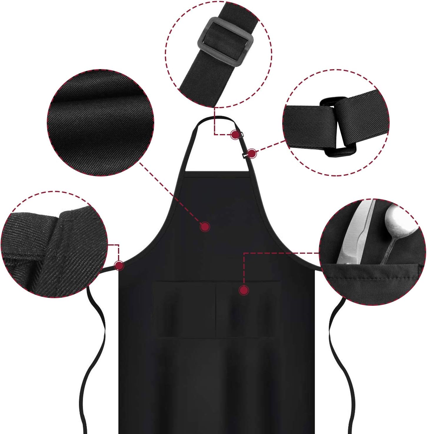 XCOZU 2 Pack Cooking Chef Kitchen Apron for Men Women Waterproof Adjustable Red Apron and Black Apron with Pockets,Adults Cotton Polyester Professional Apron Catering Barista Butchers Long Apron - Image 3