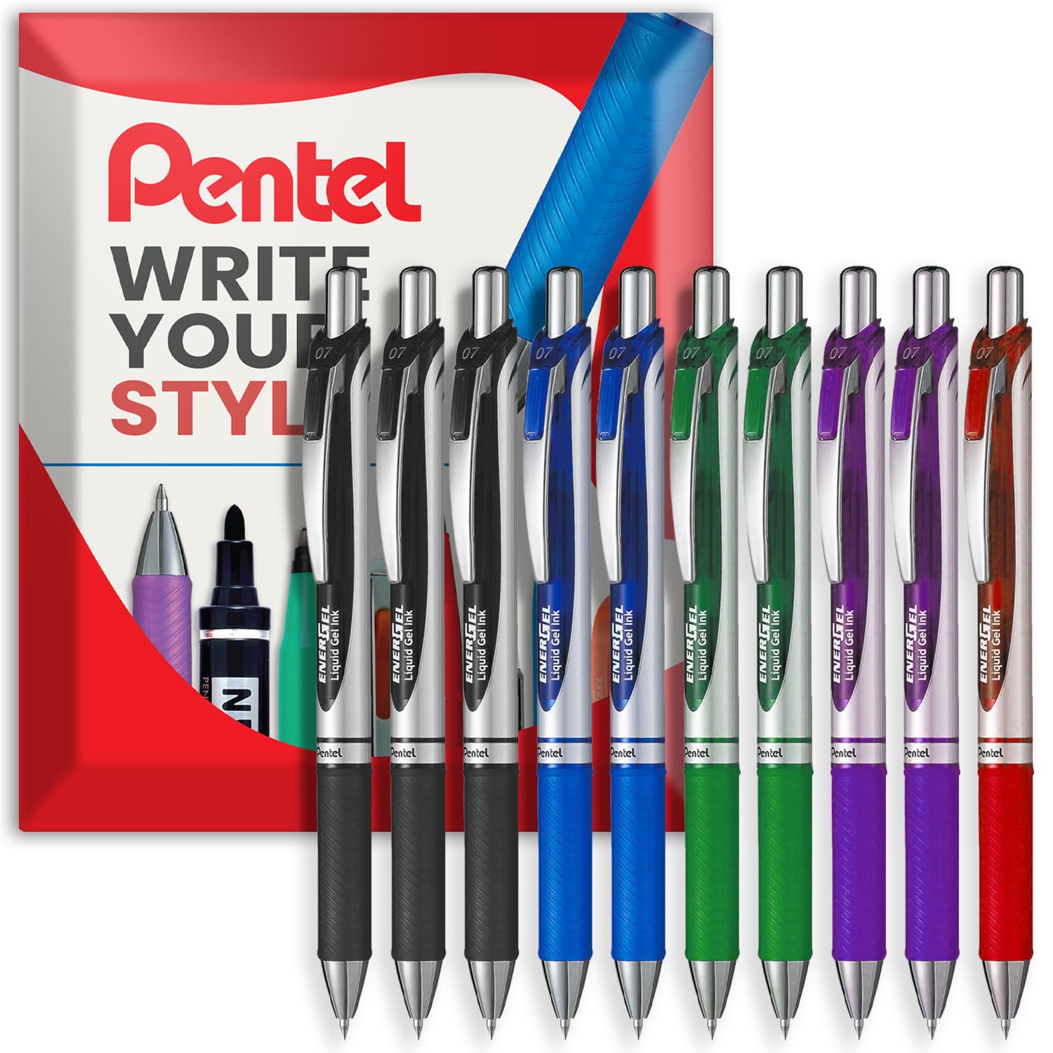 Pentel EnerGel XM BL77 - Retractable Liquid Gel Ink Pen - 0.7mm - 54% Recycled - Essential Pack of 10 in Envelope Gift Packaging